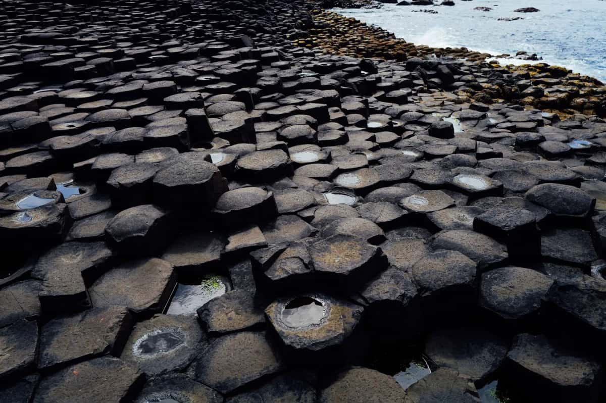 Pavage de colonnes de basalte hexagonales au bord de la mer
